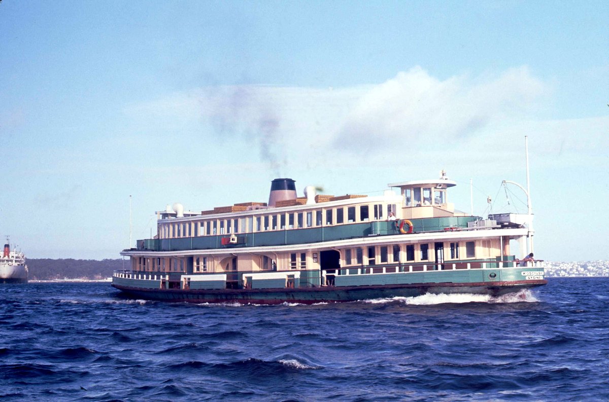 Sydney ferry KOSCISUKO on Sydney Harbour off Cremorne Point in Public Transport Commission colours 17 Jan 1972