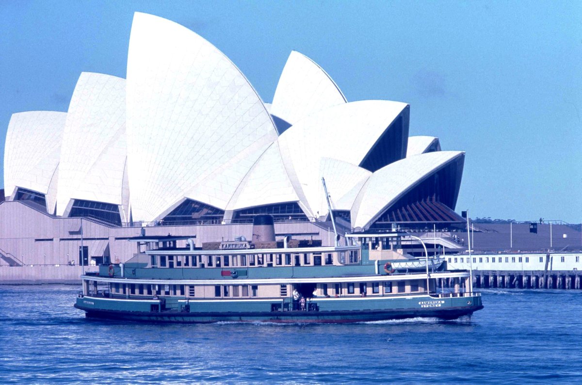 00716 251073 PTC ferry Kameruka passing the newly opened Opera House in Sydney Cove Circular Quay (1973)
