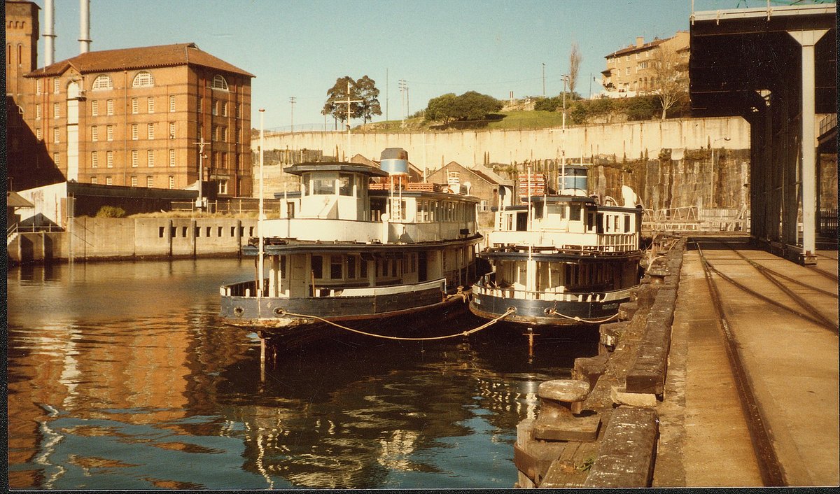 Sydney Ferries KAMERUKA and KARRABEE laid up in Pyrmont 1984
