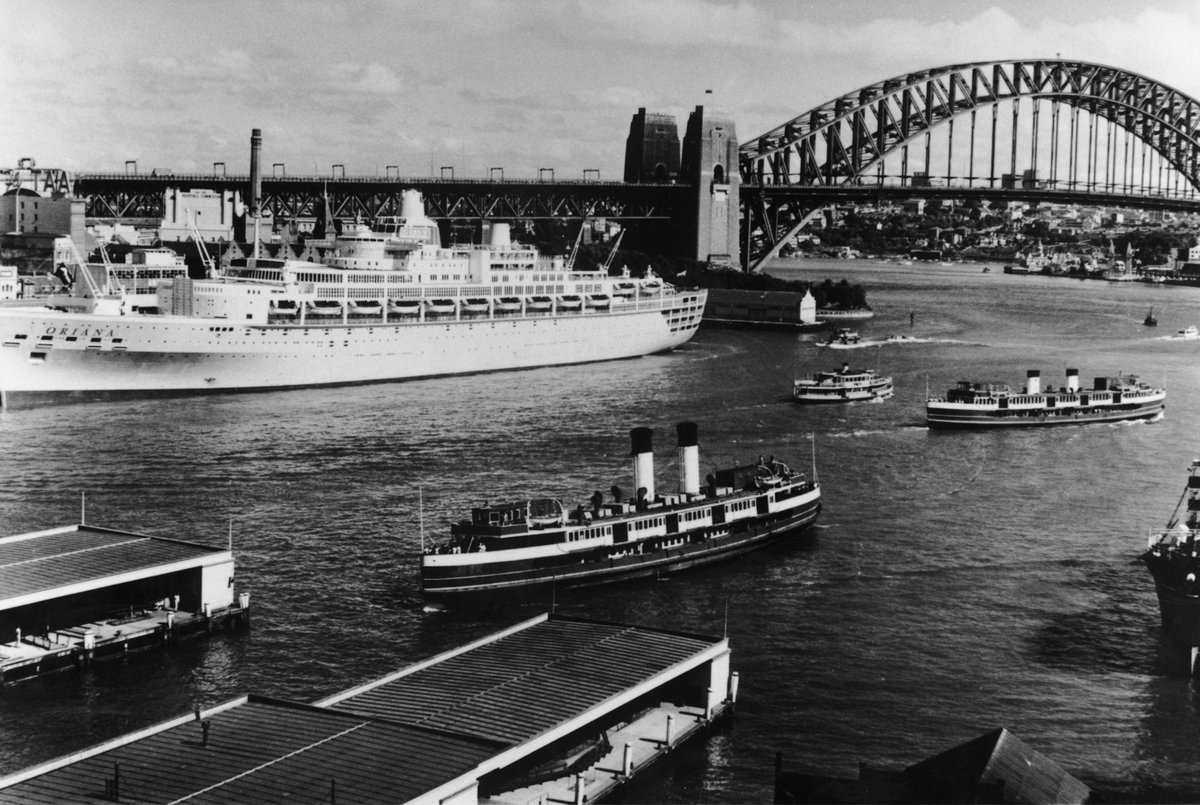 Sydney ferries CURL CURL and NORTH HEAD in Sydney Cove with SS ORIANA 1962, Circular Quay