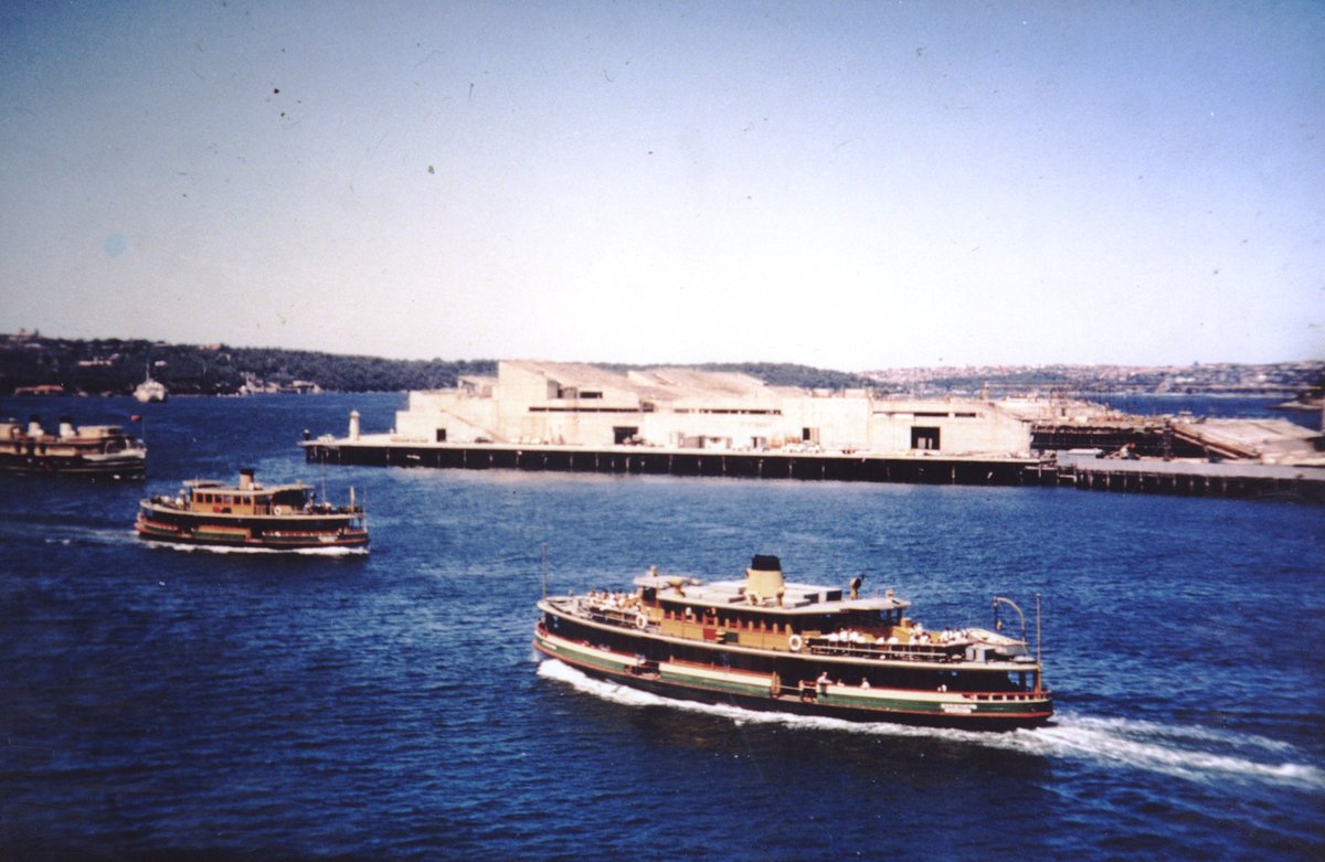 SYDNEY OPERA HOUSE under construction and ferries including BELLUBERA and KARINGAL 1962, Circular Quay