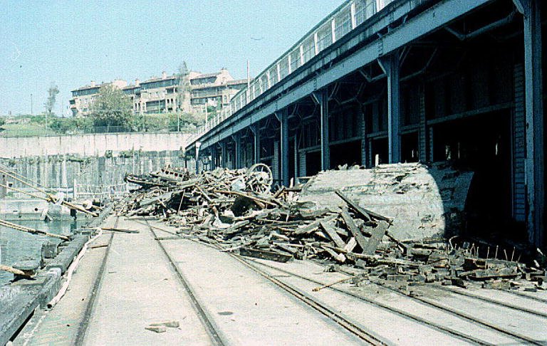 The remains of Sydney ferry KAMERUKA after she sunk and was broken up by grab dredge April 1986, Pyrmont