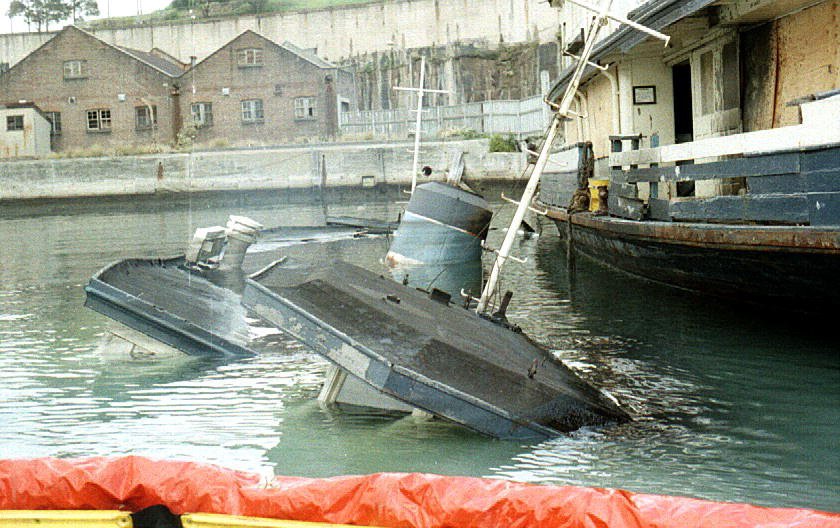 Sydney ferry KAMERUKA sunk alongside KARRABEE at Pyrmont circa 1985 (c. 1985)