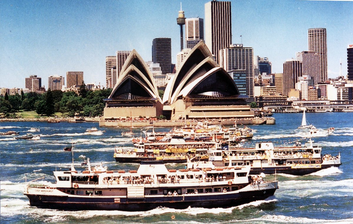 Sydney ferries in the Great Ferry Boat Race circa 1985, Sydney city centre (c. 1985)