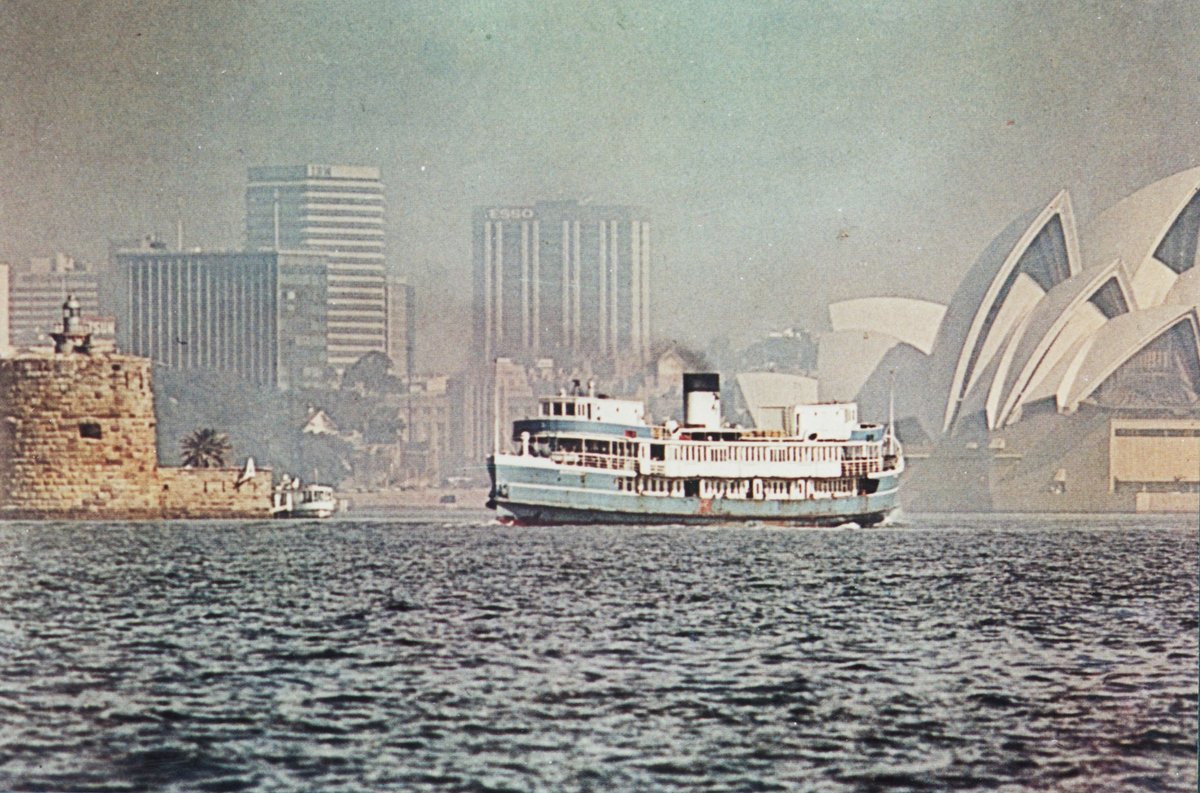 Sydney Ferry BARAGOOLA approaches Circular Quay 1975 in Public Transport Commission Colours