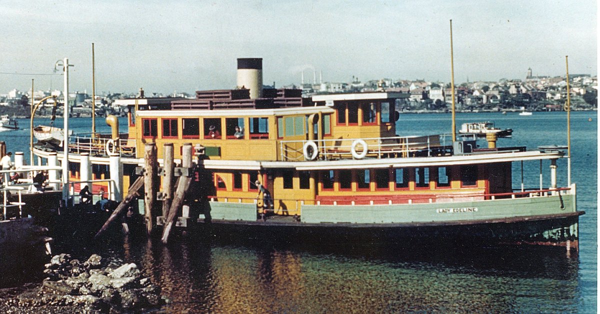 Sydney ferry LADY EDELINE at Greenwich 1960s in 1936 green and gold livery