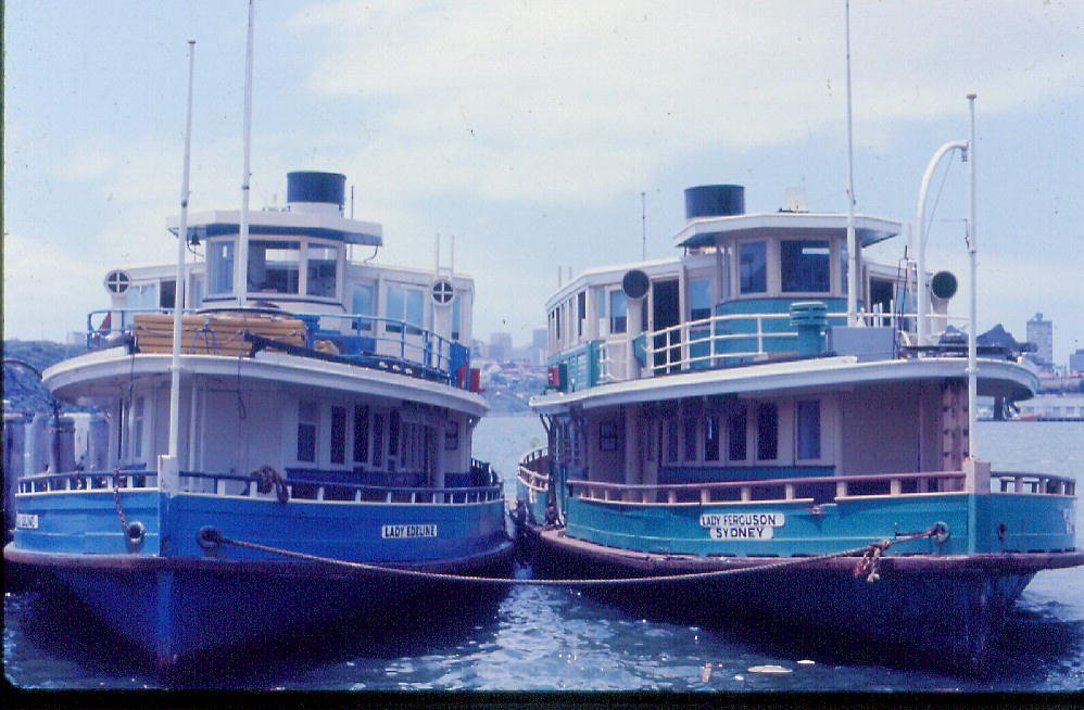 Sydney ferries LADY EDELINE and LADY FERGUSON at Balmain ferry base February 1975