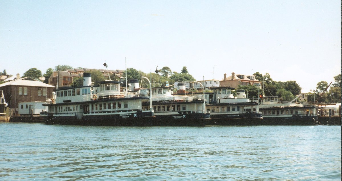 Sydney ferries LADY EDELINE and KARINGAL and KAMERUKA and KARRABEE at Balmain ferry base 1980
