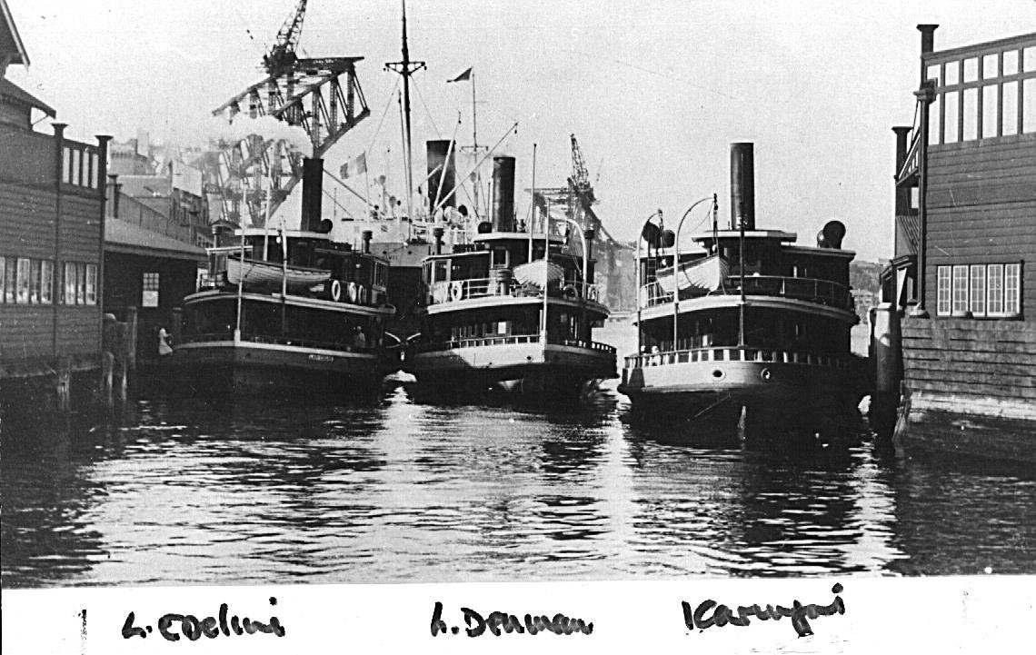 Sydney ferries LADY EDELINE and LADY DENMAN and KARINGAL at Circular Quay 1930