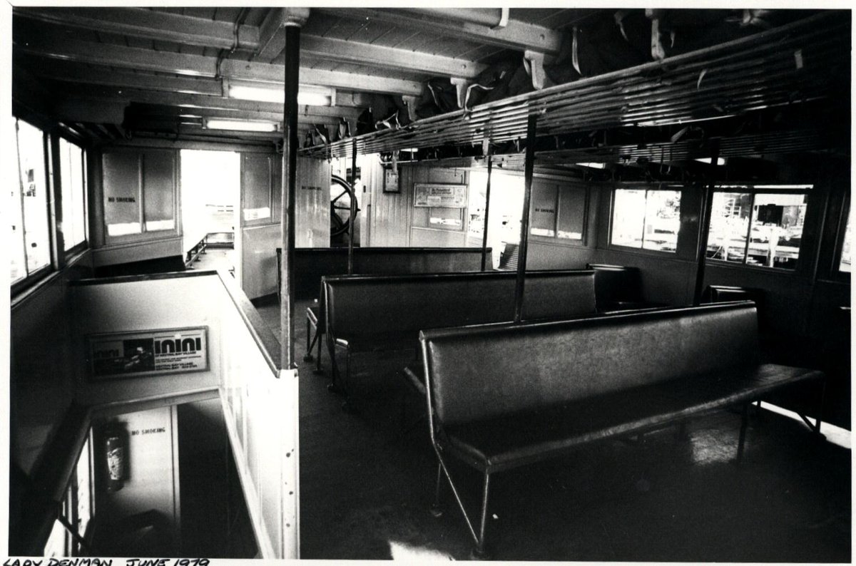 Sydney ferry LADY DENMAN upper saloon and wheel house interior June 1979