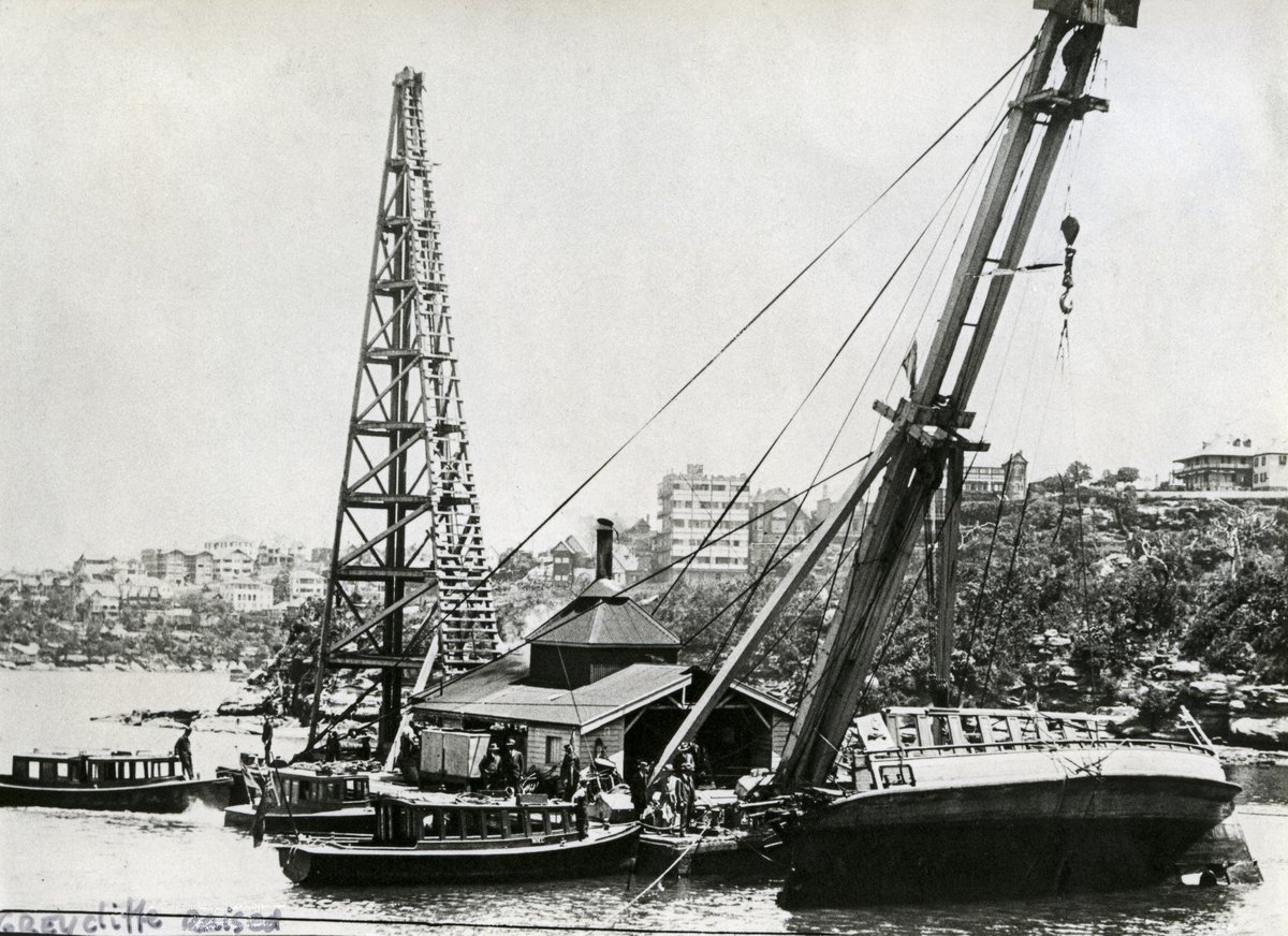 Sydney ferry GREYCLIFFE remmants being lifted at Whiting Beach Mosman after collision with SS TAHITI 1927