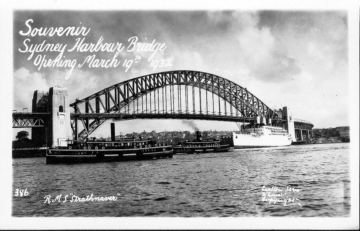 Sydney ferry KOOKOOBURRA and liner STRATHNAVER prior to Sydney Harbour Bridge opening 1932 (c. 1932)
