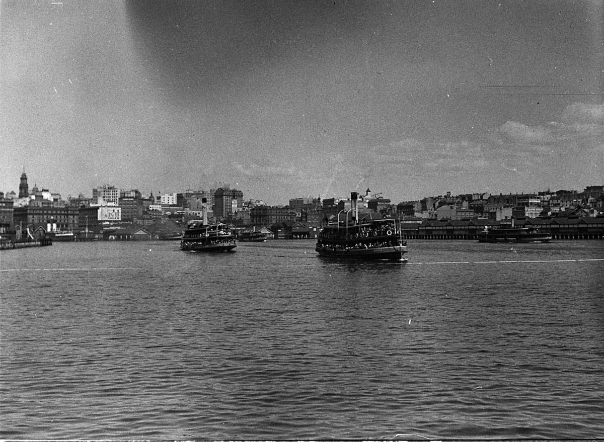 Sydney ferries KIRRULE and KOOKOOBURRA leaving Sydney Cove 26 Sept 1936, Circular Quay