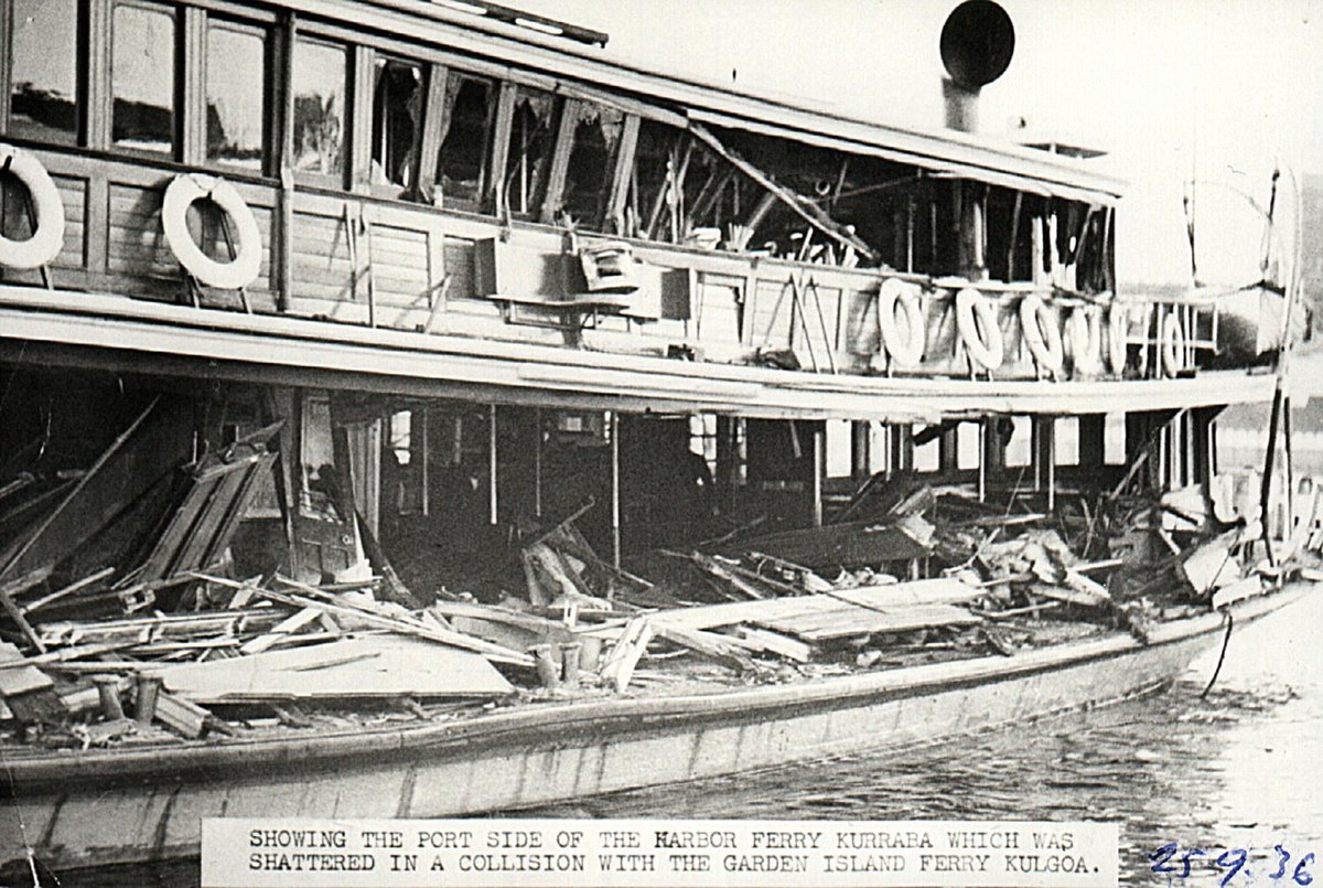 Sydney ferry KURRA-BA damaged after collision with ferry KULGOA 23 September 1936, Sydney Harbour