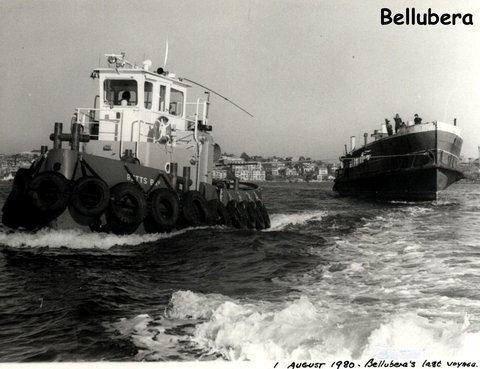 Sydney ferry BELLUBERA being towed by tug BETTS BAY to her scuttling 1 August 1980