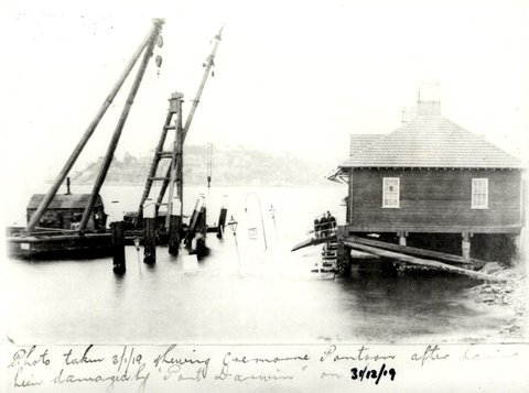 CREMORNE WHARF with sunken pontoon after being struck by PORT DARWIN, 1919
