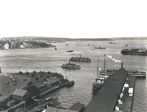Sydney Ferries KUTTABUL and LADY DENMAN and others in Sydney Cove, 1929