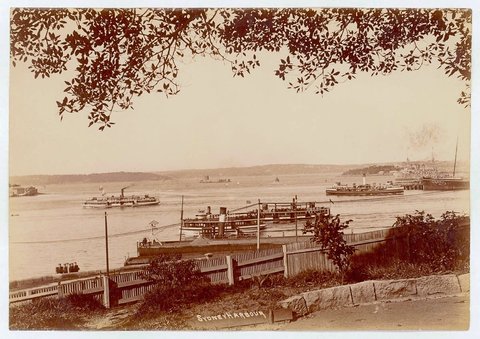 Sydney Harbour from Dawes Point with ferries, 1900–10