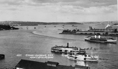 Sydney ferries in Sydney Cove including CURL CURL and KAI KAI, c. 1930