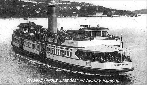 Sydney ferry KOONDOOLOO converted from vehicular ferry to show boat, c. 1937