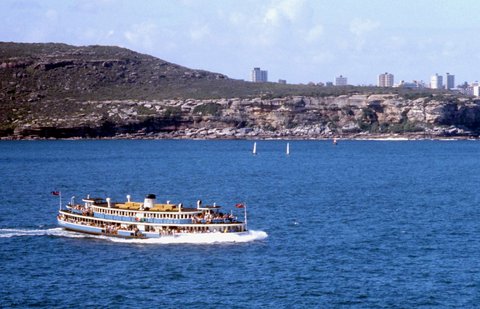 Sydney ferry Kanangra on Harbour Cruise leaving Middle Harbour for Main Harbour near Sydney Heads, 1974