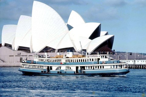 Sydney ferry Kanangra passing the newly opened Opera House in Sydney Cove Circular Quay, 1973
