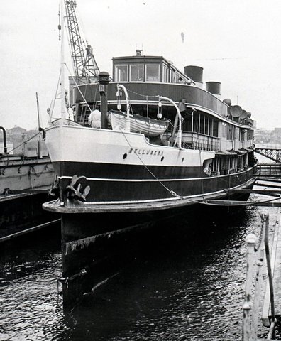 Sydney ferry BELLUBERA in floating dock, 1950s