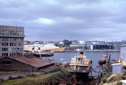 Sydney ferry LADY EDELINE on slips at Balmain also ferries South Steyne Bellubera, Empress of Australia, 1972