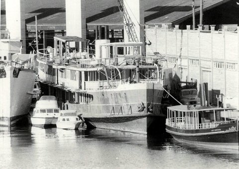 Sydney ferry BELLUBERA partially stripped and steam yacht LADY HOPETOUN 1980