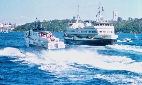 Sydney hydrofoil CURL CURL over takes Manly ferry FRESHWATER, 1988
