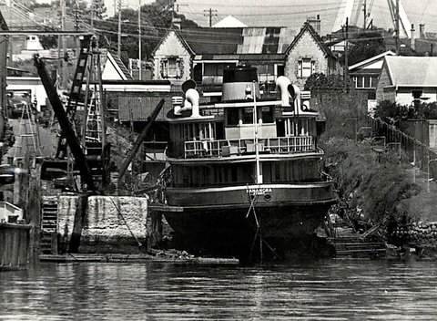 Sydney ferry KANANGRA on collapsed slipway, 1970