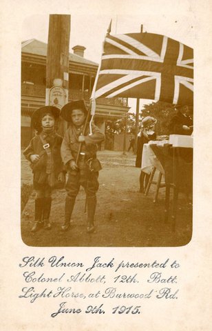 Silk Union Jack presented to Colonel Abbott, 12th Battalion Light Horse, Burwood Road - 9th June 1915
