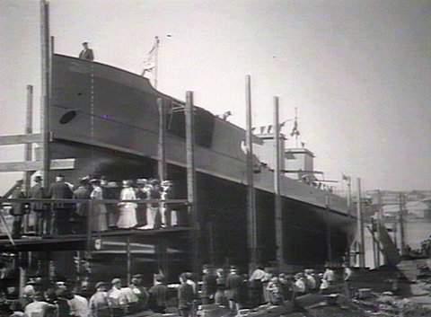 Sydney ferry BELLUBERA on stocks launch day, 1910
