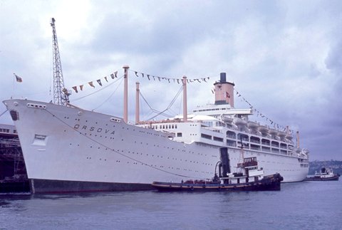 P & O liner Orsova & tug Himma at wharf 13 Pyrmont Sydney, 1968