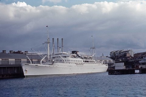 Royal Interocean Lines liner Tjiluwah at a wharf in Walsh Bay (Millers Point) on Sydney Harbour, 1971