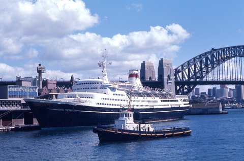 CTC Line Shota Rustaveli & Tug Camp Cove at overseas terminal Circular Quay Sydney, 1973