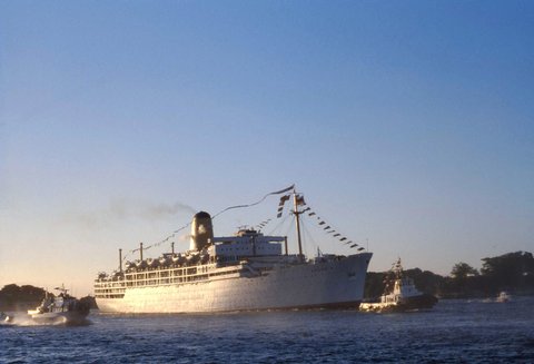 P & O Liner Arcadia a tug & another vessel leaving the port last time at Pyrmont Sydney, 1979