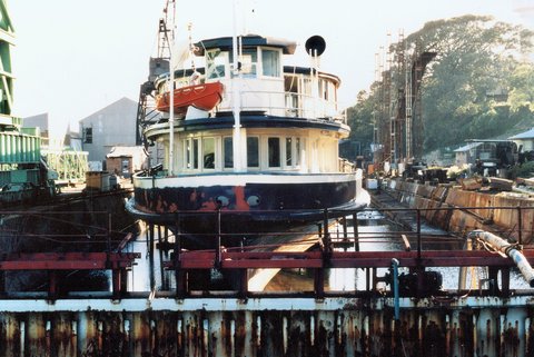 Sydney ferry KANANGRA on slip at Cockatoo Island, 1980s