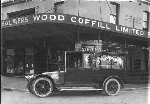 1919 model Renault hearse the funeral parlour of Wood Coffill Ltd., Sydney, Australia, ca. 1930, c. 1930