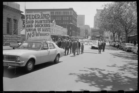 Federated Ship Painters and Dockers Union members in protest march, Sydney, 1969