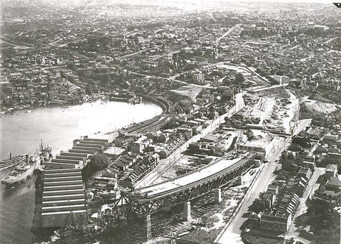 Sydney Harbour Bridge under construction North Shore aerial, 1920s