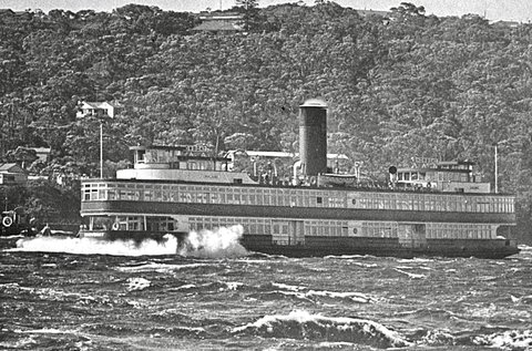 Sydney showboat ferry KALANG in southerly near Clifton Gardens, 1955