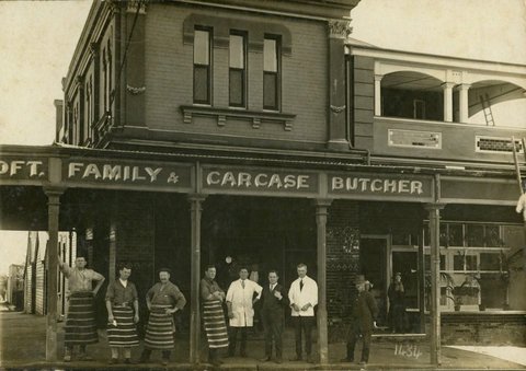 Butcher's shop Quality Corner of E.J. Ashcroft and Sons, corner of Macquarie and Scott Street, Liverpool, 1900