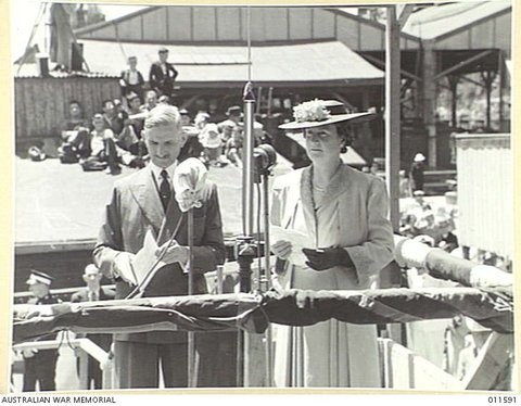 Launching of HMAS Warramunga. Mrs F. M. Forde and Mr Norman Fraser, managing director of Cockatoo Docks and Engineering, 7 February 1942