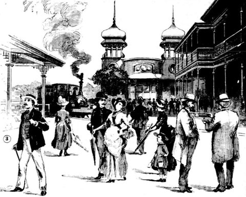 Brighton-le-Sands, NSW - New Brighton Hotel, side view and steam tramway (Australian Town & Country Journal, 31 Dec 1887, p26)