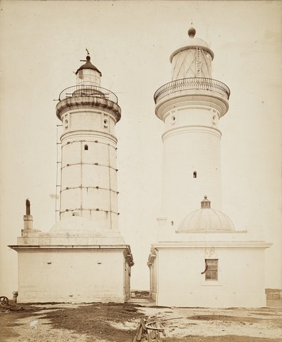 The Macquarie Lighthouses – old and new, c.1883, photograph by Charles Bayliss, Macleay Collections, c. 1883