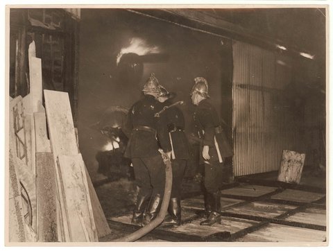 Brigade firefighters and Coad's terrazzo factory fire, St. Peters, by Sam Hood, c. 1930