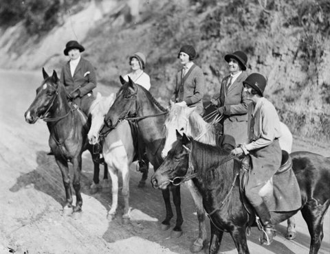 Five members of the Women's Cavalry Corps sitting astride their horses in June 1941
