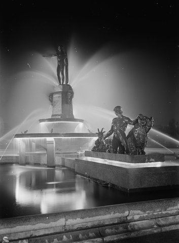 Pan sculpture (nighttime), Archibald Foundation, c. 1933