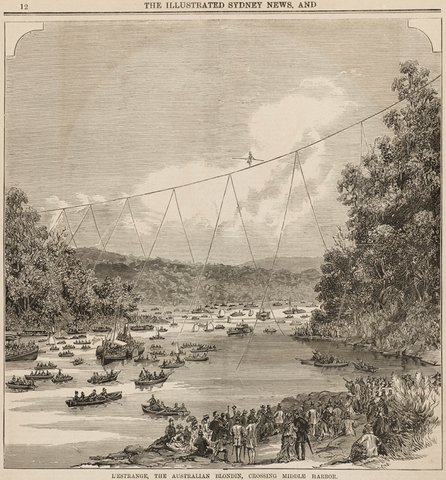 L'Estrange, the Australian Blondin, crossing Middle Harbour, 1877